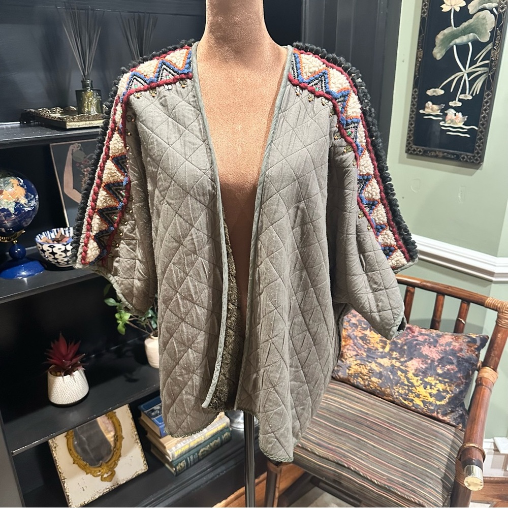 Anthropologie BL^nk London Quilted Faux Fur Jacket – Moss Green – Boho Beaded